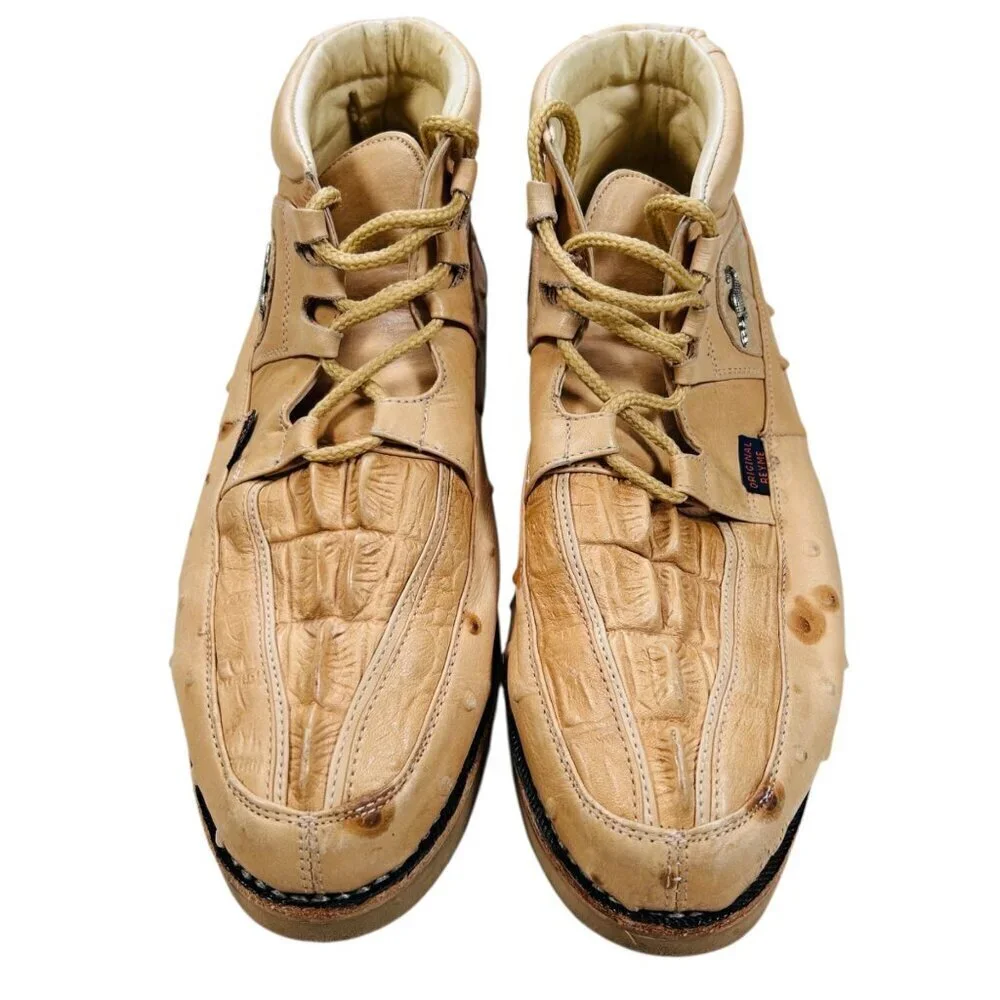 Reyme Caiman Ostrich Embossed Leather Oil Resistant 8 Men Shoes Boots Tan